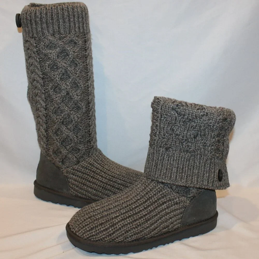 NIB UGG YOUTH GRAY KNIT SWEATER TALL WINTER FASHION BOOTS SZ 3 4‎